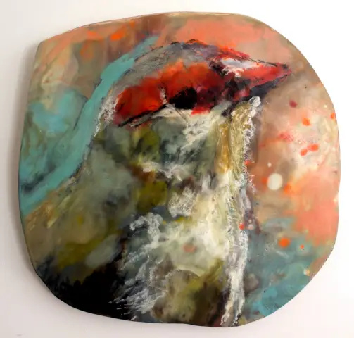 Jane Smeets Portrait of a Bird Red browed Finch encaustic wax on ceramic 27 x 28cm's ""  artwork for sale