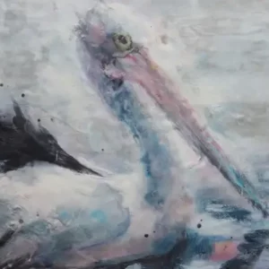 Jane Smeets' "Pelican III" Framed encasutic wax on board artwork for sale