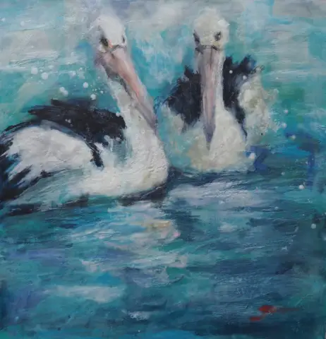 Jane Smeets' "Pelican II" Framed encaustic wax on board artwork for sale