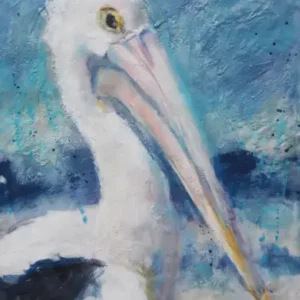 Jane Smeets' "Pelican I" Framed encaustic wax on board artwork for sale