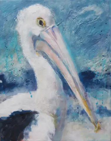 Jane Smeets' "Pelican I" Framed encaustic wax on board artwork for sale