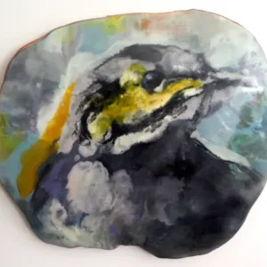 Jane's "Smeets Portrait of a Bird Yellow faced Honeyeater encaustic wax on ceramic 25 x 28 cm"  artwork for sale