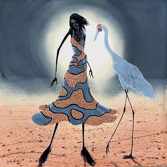 Judy Prosser's "Desert Girl With Brolga" Watercolour and Gouache artwork for sale