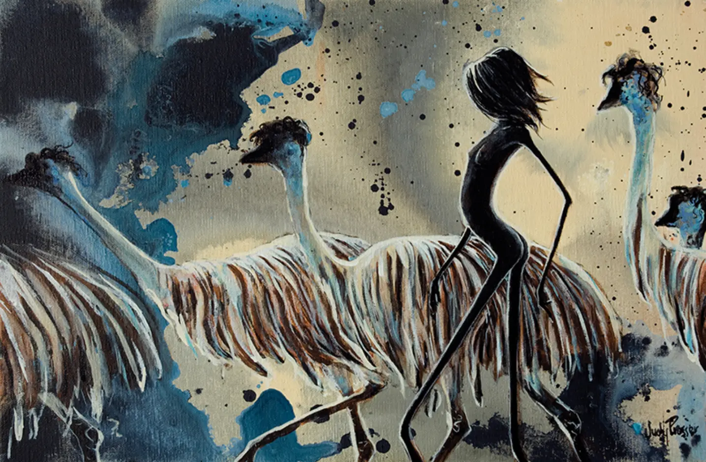 Judy Prosser's "Emu With Girl" Print artwork for sale
