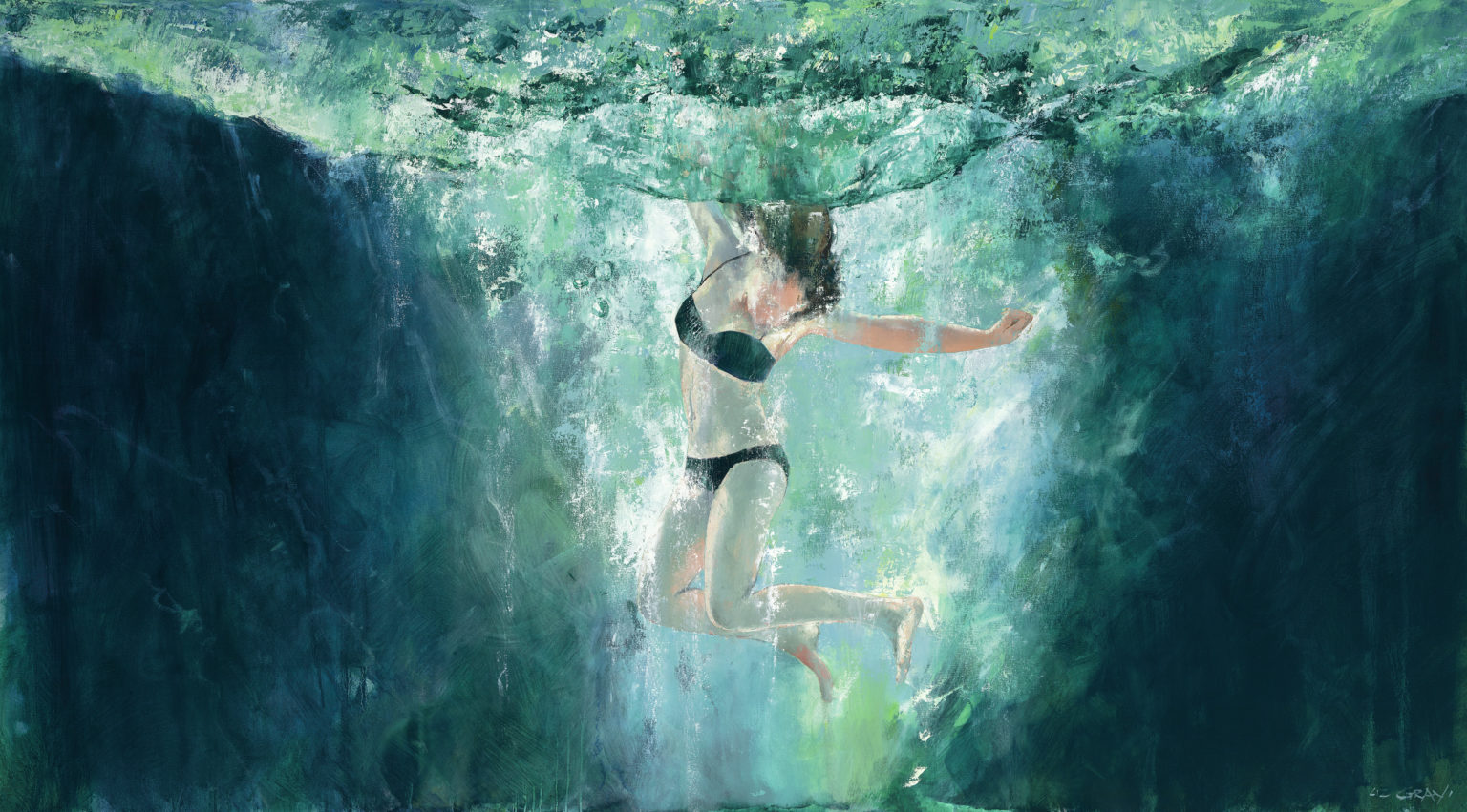 Liz Gray's Iridescence beautiful girl under Water in swimsuitoil painting original art for sale product