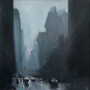 Mike Barr's "Early City Rain" Oil on Canvas artwork for sale
