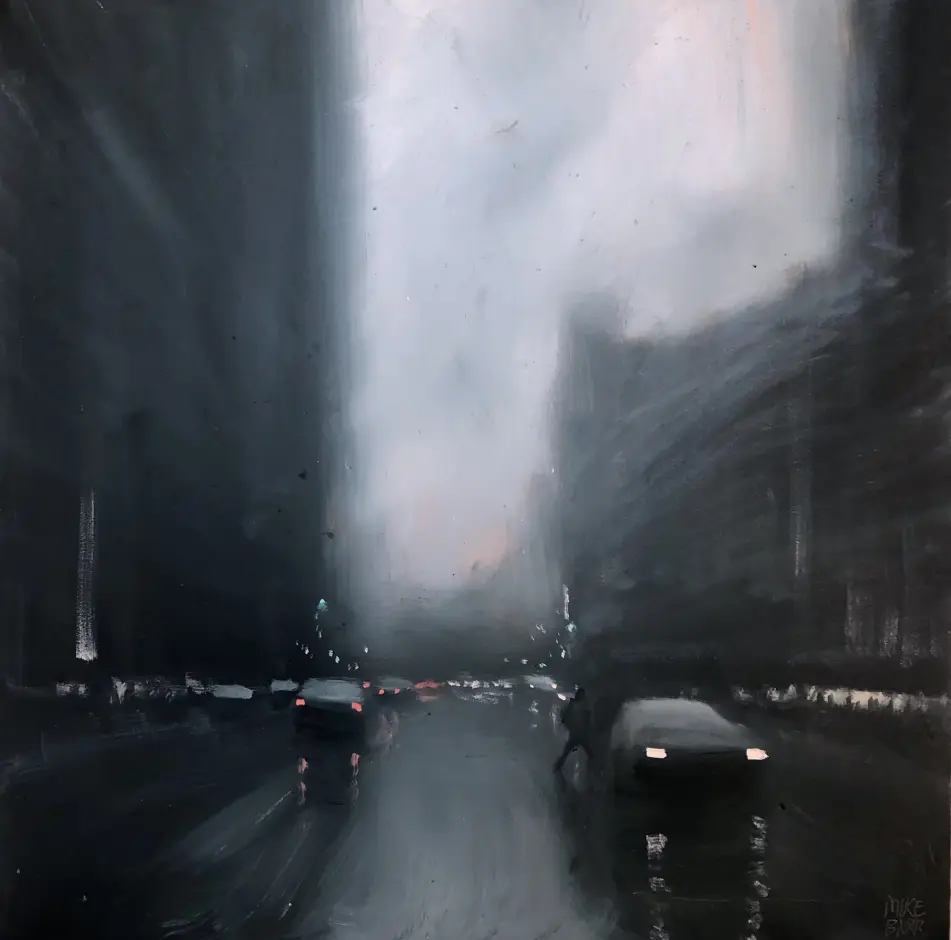 Mike Barr's "Rain Traffic" Oil on Board artwork for sale