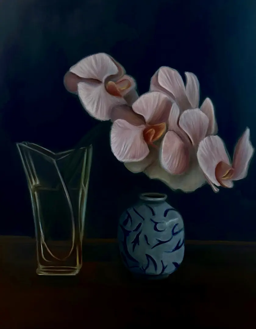 Suzanne Lawson "Orchid & Blue Vase" oil painting product