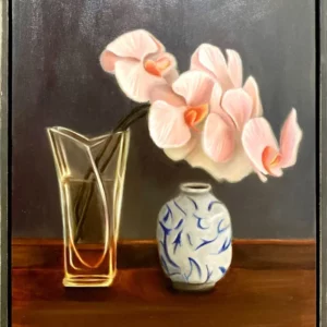 Suzanne Lawson's "Orchid & Blue Vase" Oil on Canvas artwork for sale