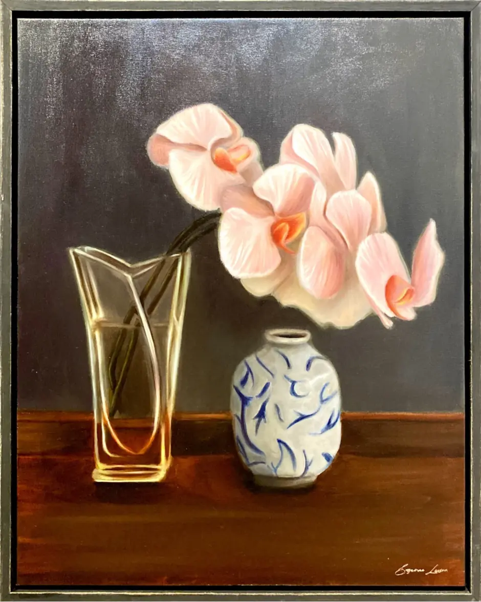 Suzanne Lawson's "Orchid & Blue Vase" Oil on Canvas artwork for sale