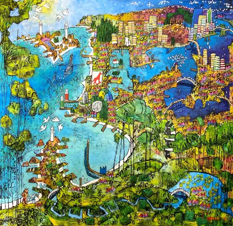 Ken rasmussen's "Jacaranda spring" 122 x 122cm 1 artwork for sale